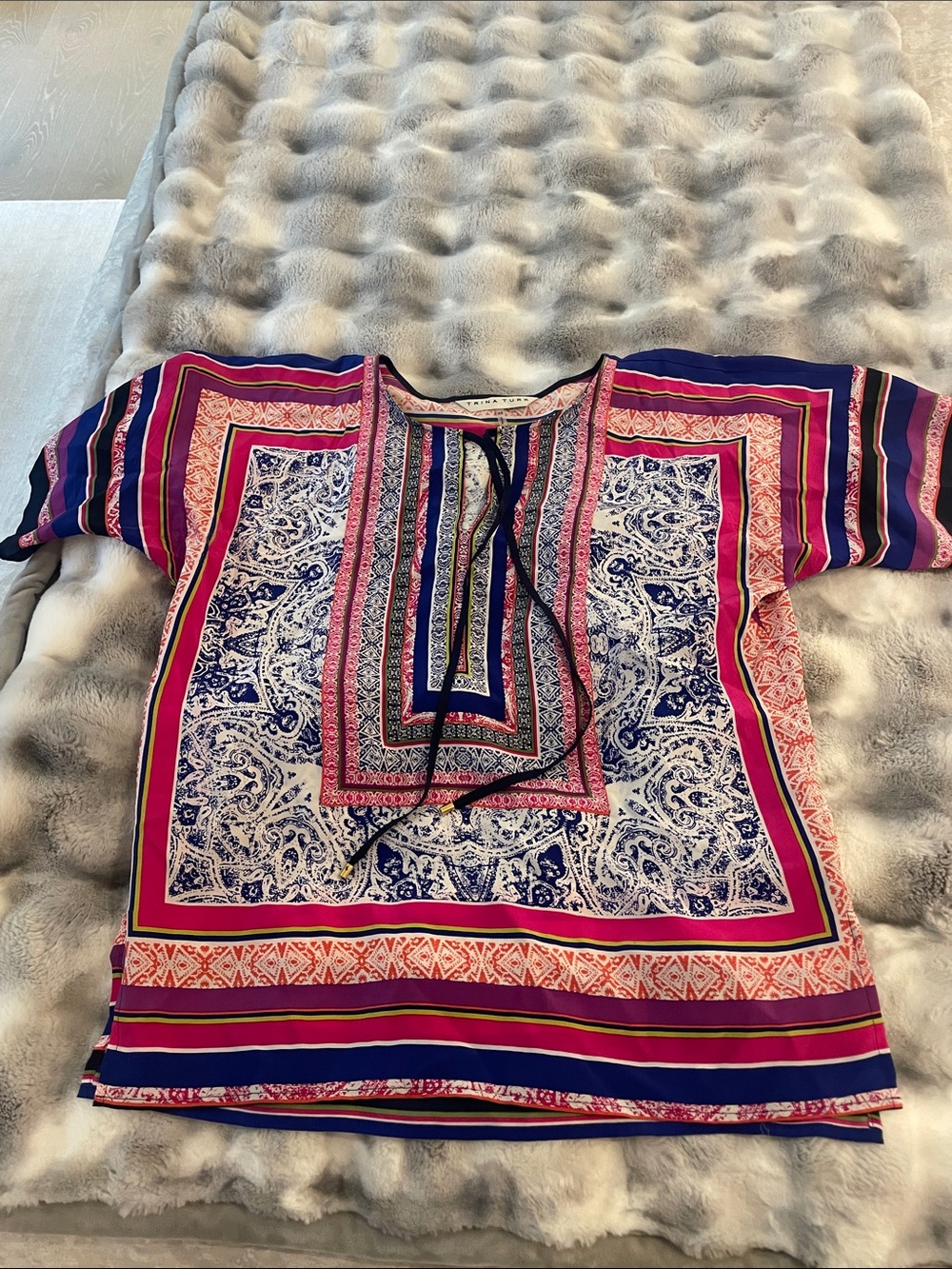Trina Turk Pink & Blue Paisley Tie-Neck Tunic